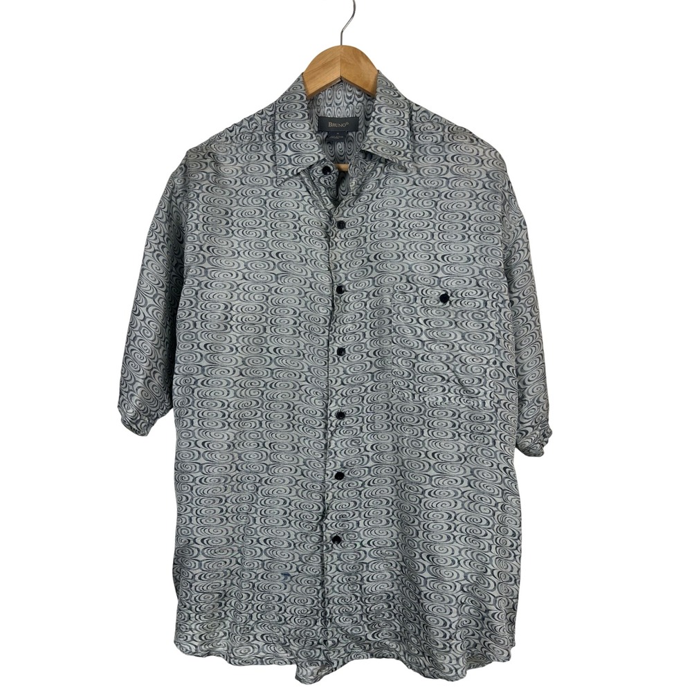 Bruno Mens 100% Silk Short Sleeve Button Up Shirt Gray Swirl Spiral Pattern M